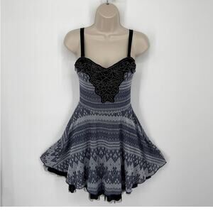 Free People Beaded Twinkle Twirl Intarsia Skater Lined Mini Dress S Blue Black